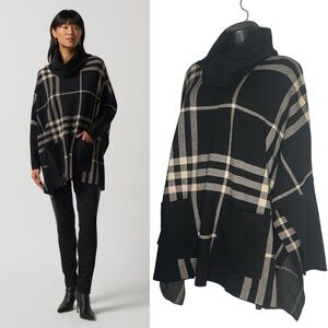 JOSEPH RIBKOFF BLACK/OATMEAL COWL NECK PLAID PONCHO